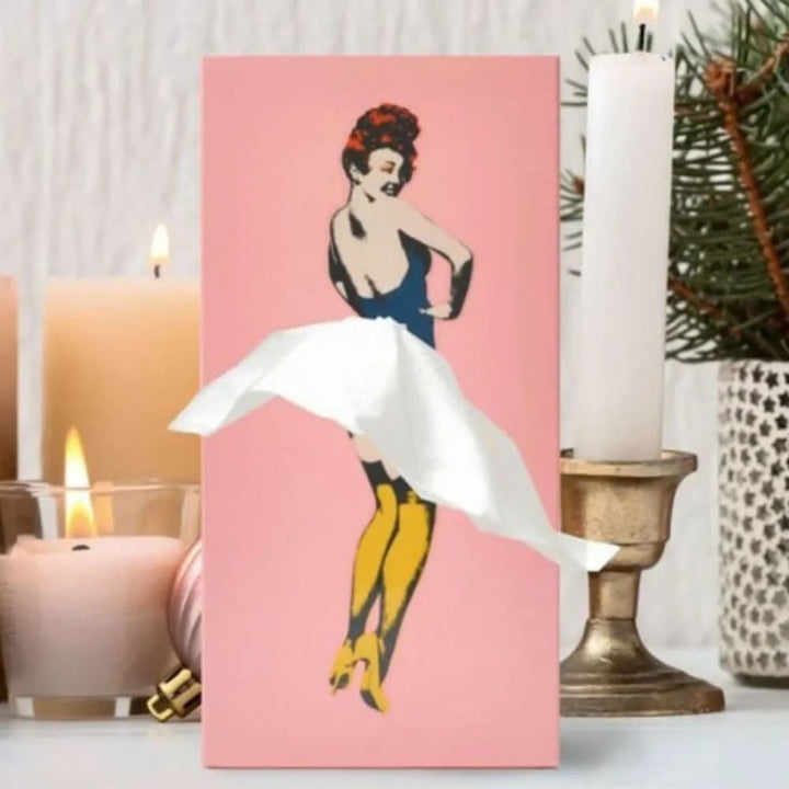 Retro pin-up tissue box holder where the tissue forms a white skirt - product photo 10