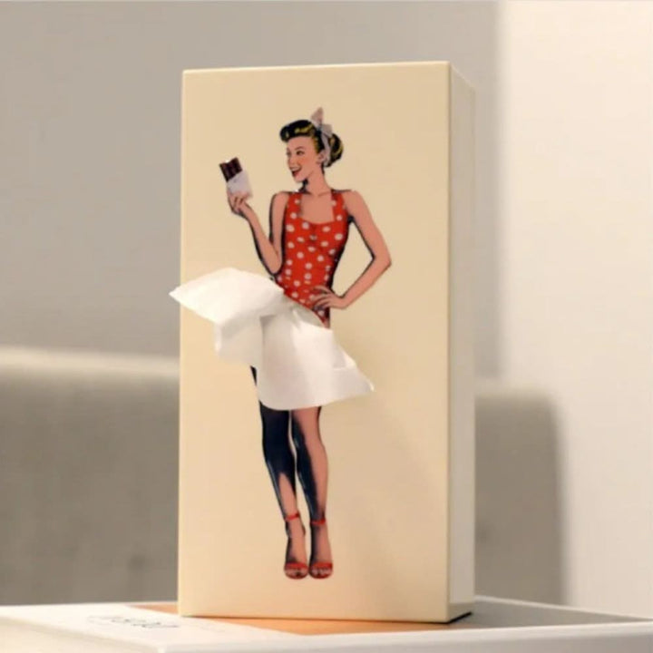 Retro pin-up tissue box holder where the tissue forms a white skirt - product photo 6