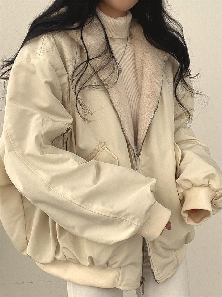 Reversible oversized hooded fleece jacket shown from both sides - product photo 10