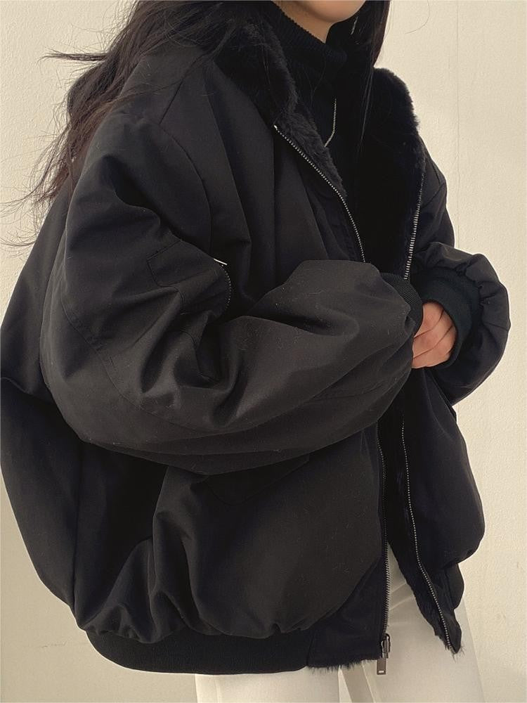 Reversible oversized hooded fleece jacket shown from both sides - product photo 3
