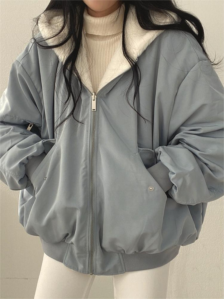 Reversible oversized hooded fleece jacket shown from both sides - product photo 5