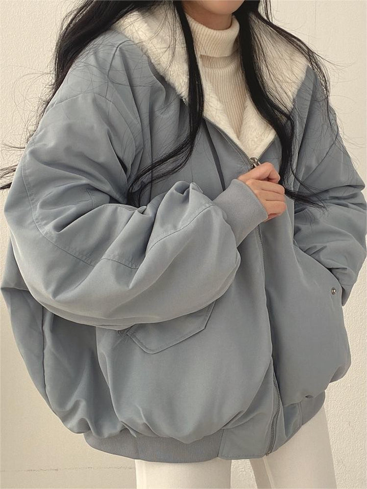 Reversible oversized hooded fleece jacket shown from both sides - product photo 7
