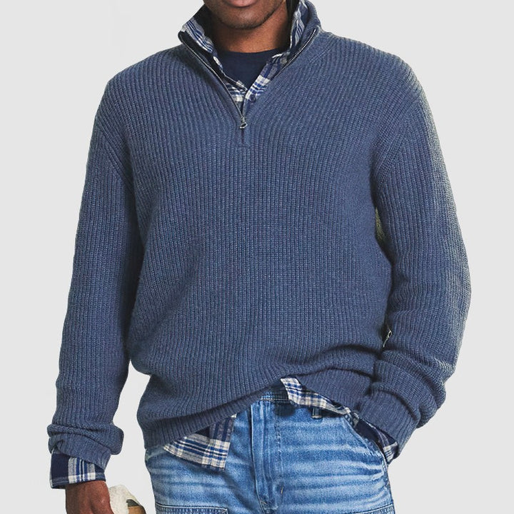 Ribbed cotton sweater with a zip collar - product photo 1