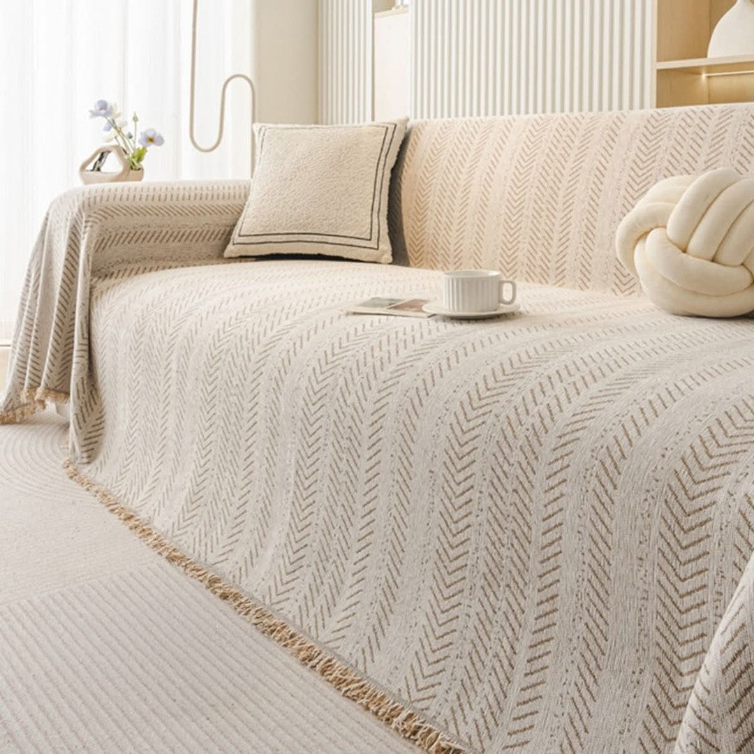 Scratch-resistant chenille sofa cover fitted over a couch - product photo 1