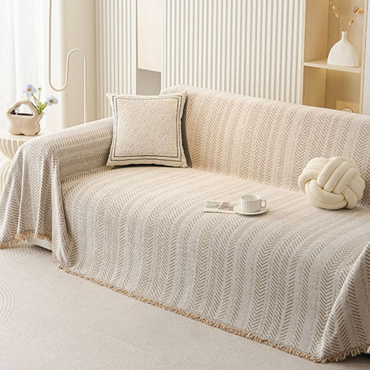 Scratch-resistant chenille sofa cover fitted over a couch - product photo 5