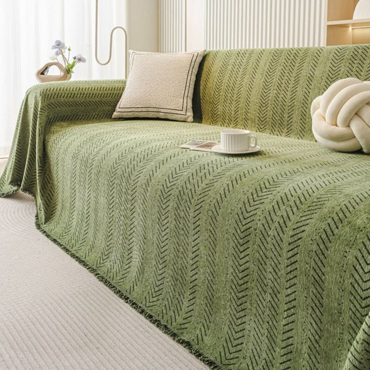 Scratch-resistant chenille sofa cover fitted over a couch - product photo 6