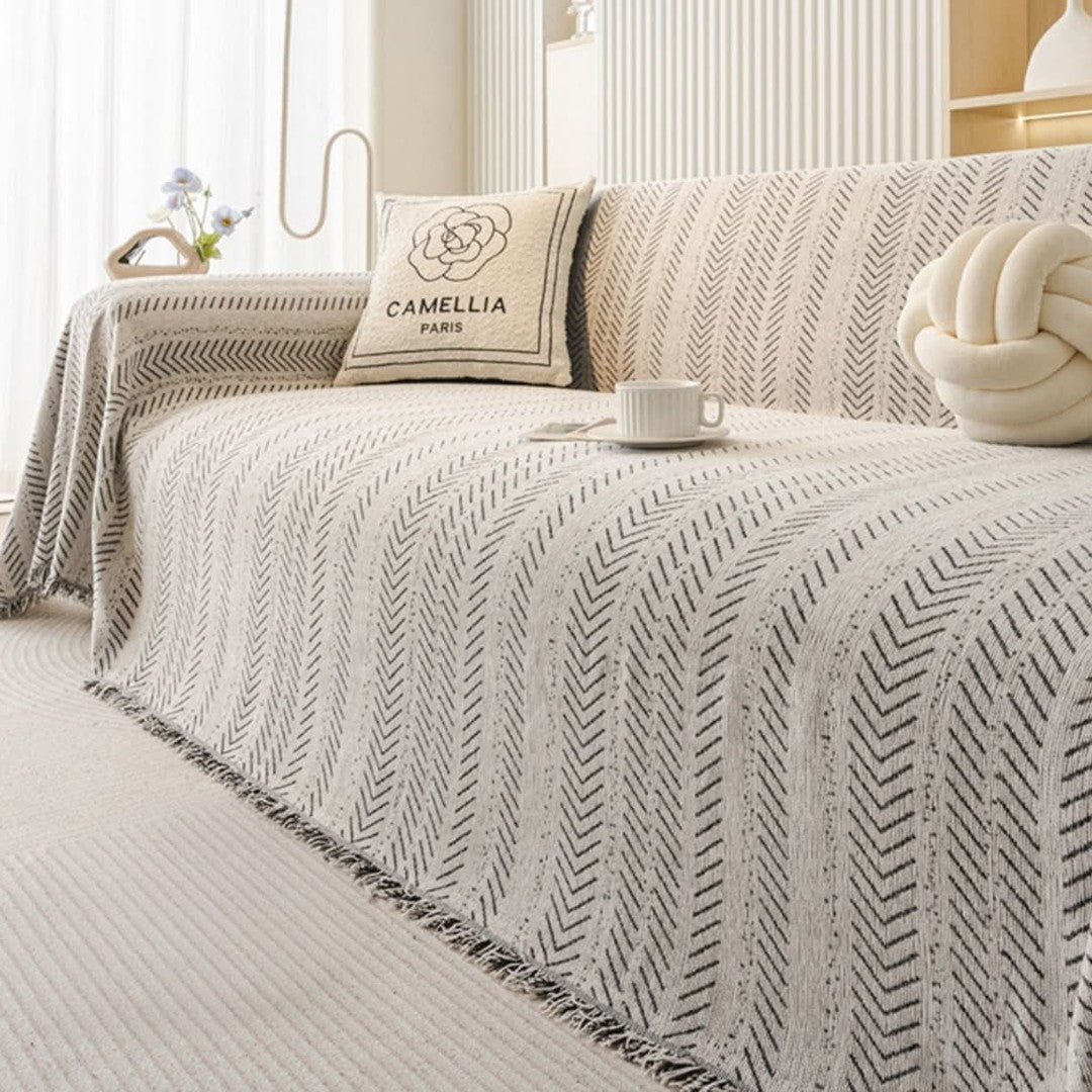 Scratch-resistant chenille sofa cover fitted over a couch - product photo 8