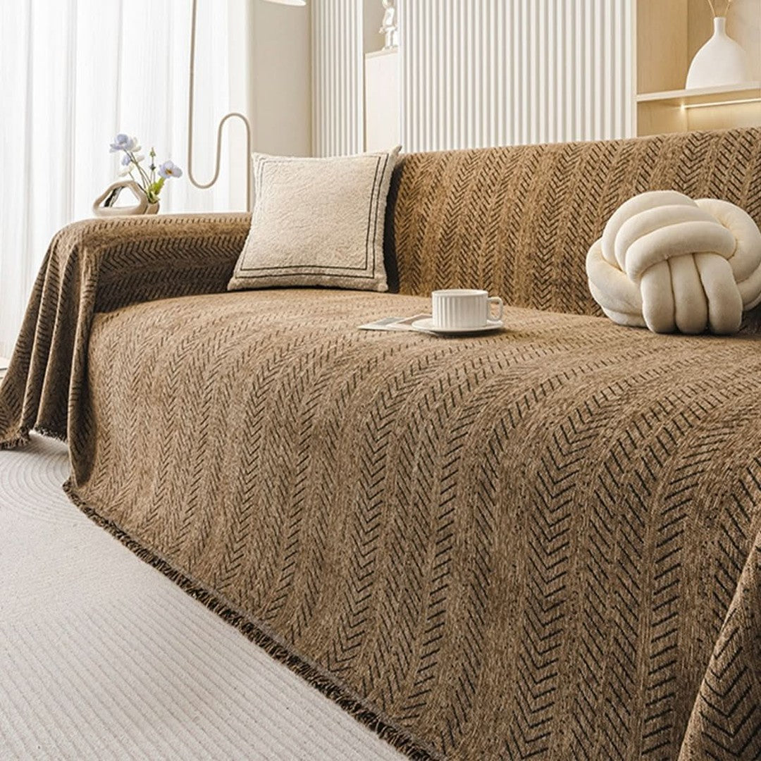 Scratch-resistant chenille sofa cover fitted over a couch - product photo 9