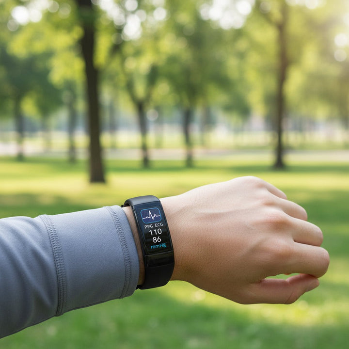 Slim silicone fitness tracker band on a wrist showing heart rate - product photo 1