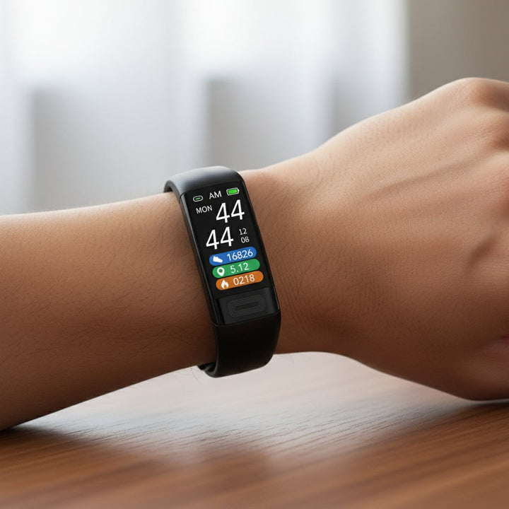 Slim silicone fitness tracker band on a wrist showing heart rate - product photo 2
