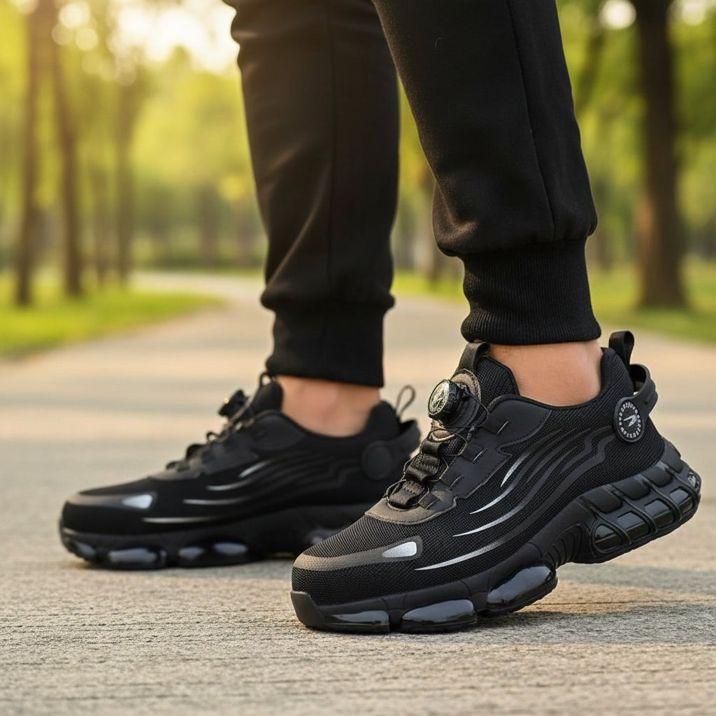 Black slip-resistant work sneakers with cushioned sole worn on a paved park path