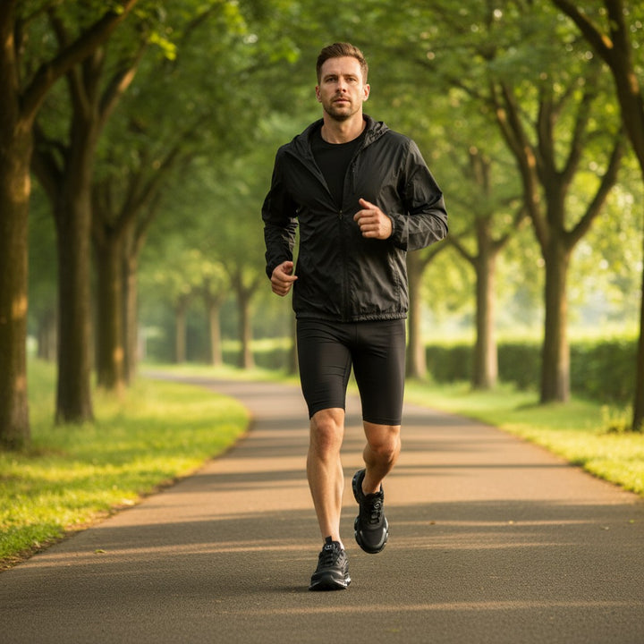 Man running along a tree-lined path in black cushioned work sneakers