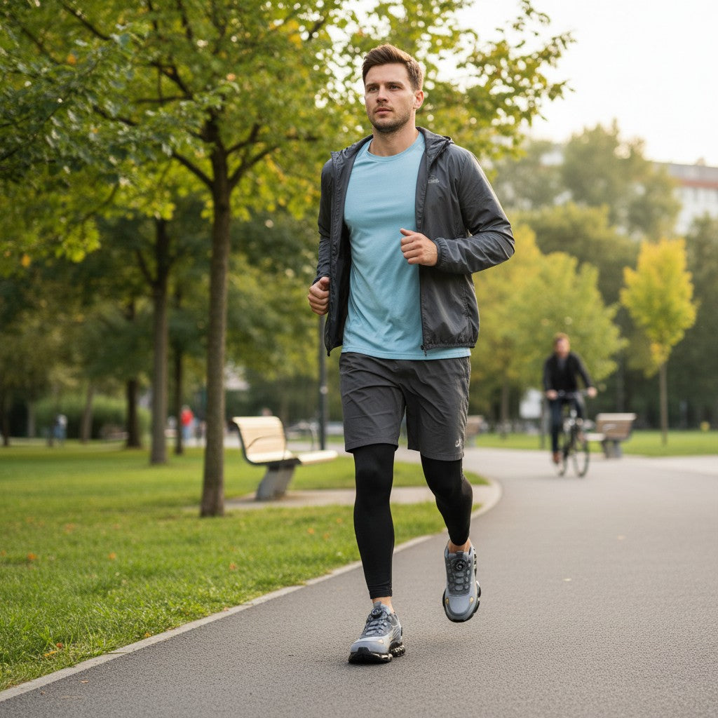 Man walking through a park wearing gray dial-lace work sneakers