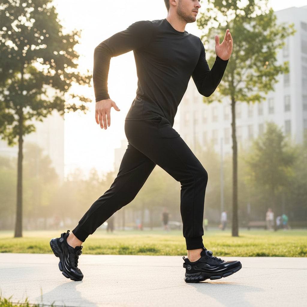 Runner mid-stride on a city path wearing black lightweight work sneakers