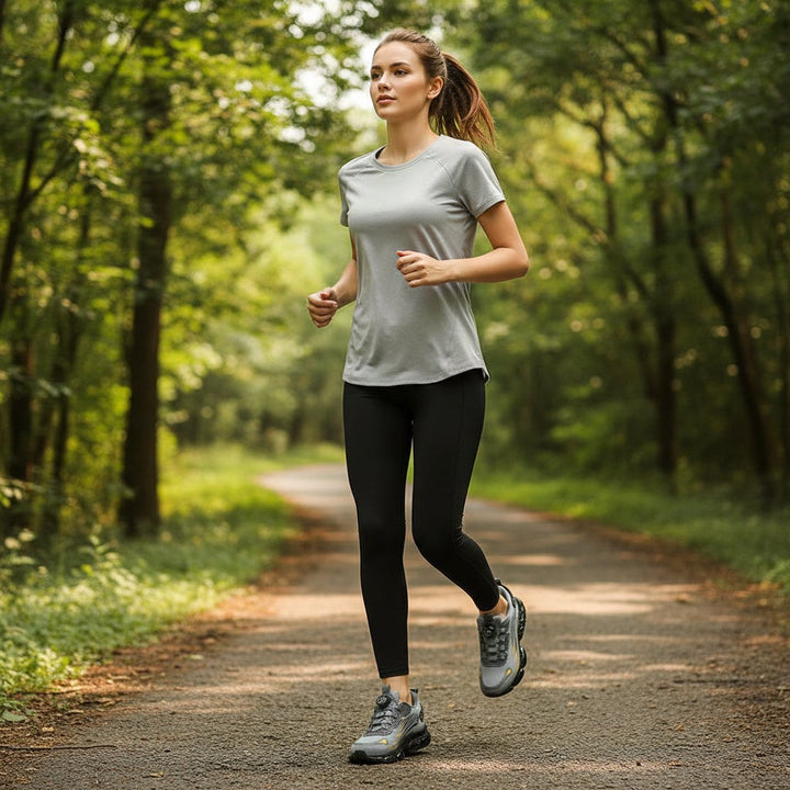 Woman running on a park trail in gray slip-resistant cushioned sneakers
