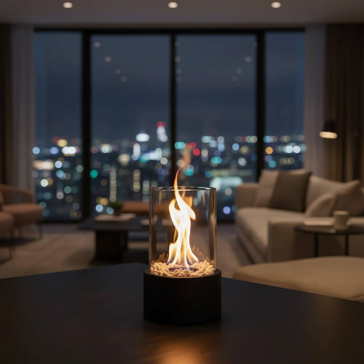 Smokeless bioethanol tabletop fireplace with a live flame behind glass - product photo 1