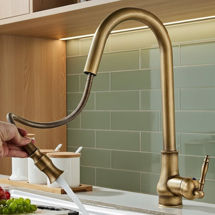Solid brass pull-out kitchen faucet in an antique bronze finish - product photo 1