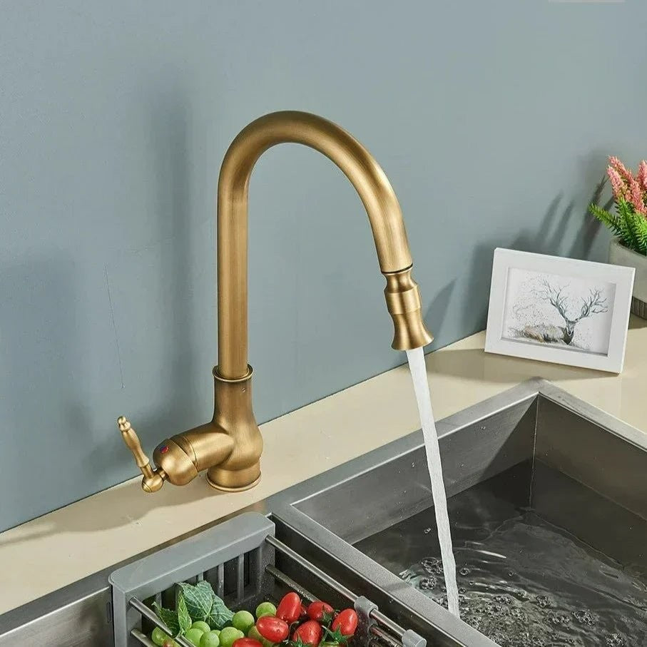 Solid brass pull-out kitchen faucet in an antique bronze finish - product photo 2