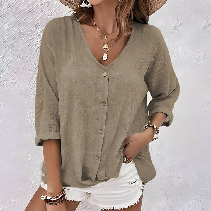 Lena | Relaxed V-Neck Button-Up Blouse For Women