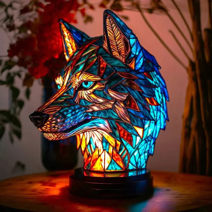 Stained glass animal table lamp glowing amber and green - product photo 1