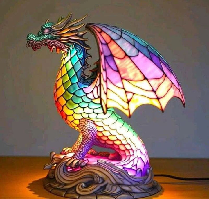 Stained glass animal table lamp glowing amber and green - product photo 10