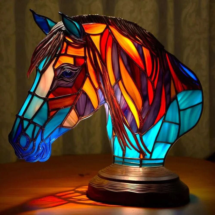 Stained glass animal table lamp glowing amber and green - product photo 12