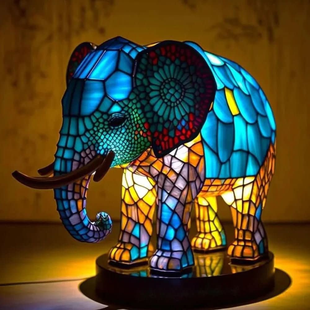 Stained glass animal table lamp glowing amber and green - product photo 13