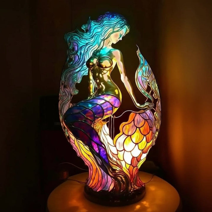 Stained glass animal table lamp glowing amber and green - product photo 14