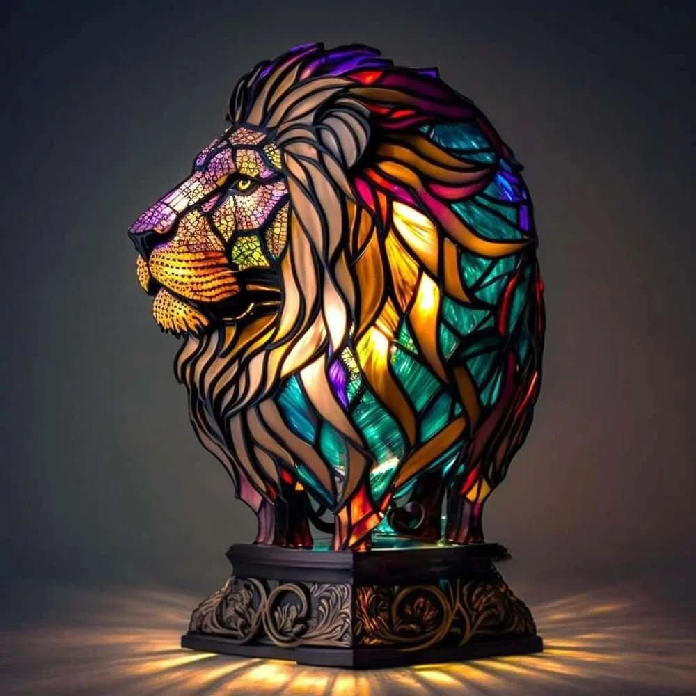 Stained glass animal table lamp glowing amber and green - product photo 15