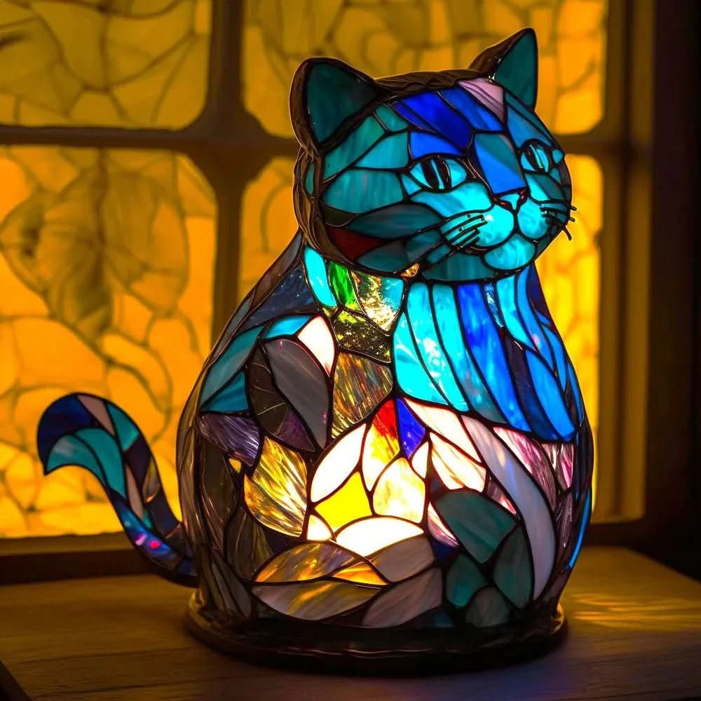 Stained glass animal table lamp glowing amber and green - product photo 16