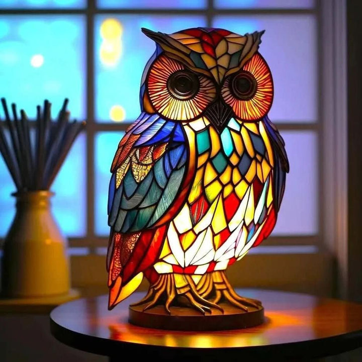 Stained glass animal table lamp glowing amber and green - product photo 17