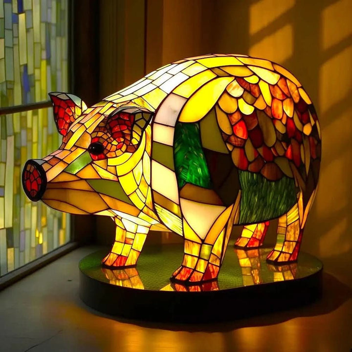 Stained glass animal table lamp glowing amber and green - product photo 3