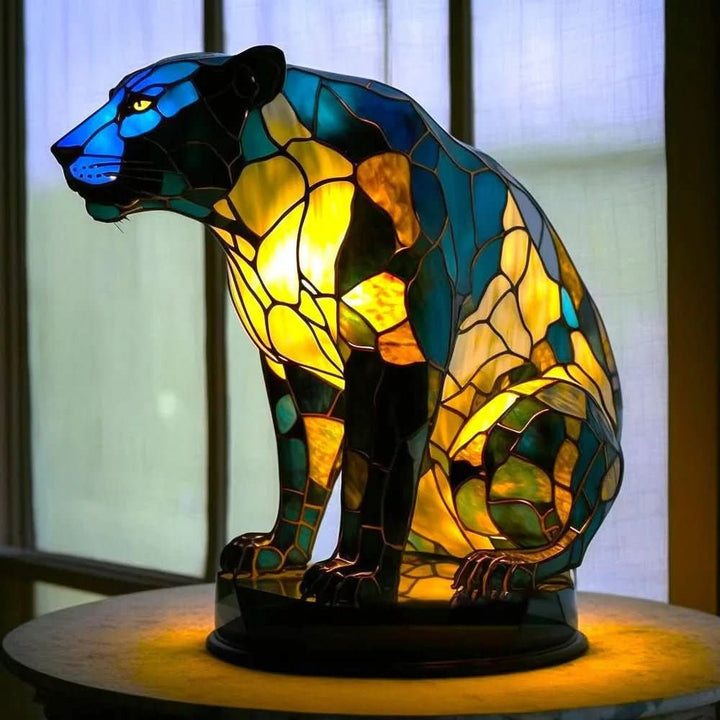 Stained glass animal table lamp glowing amber and green - product photo 4