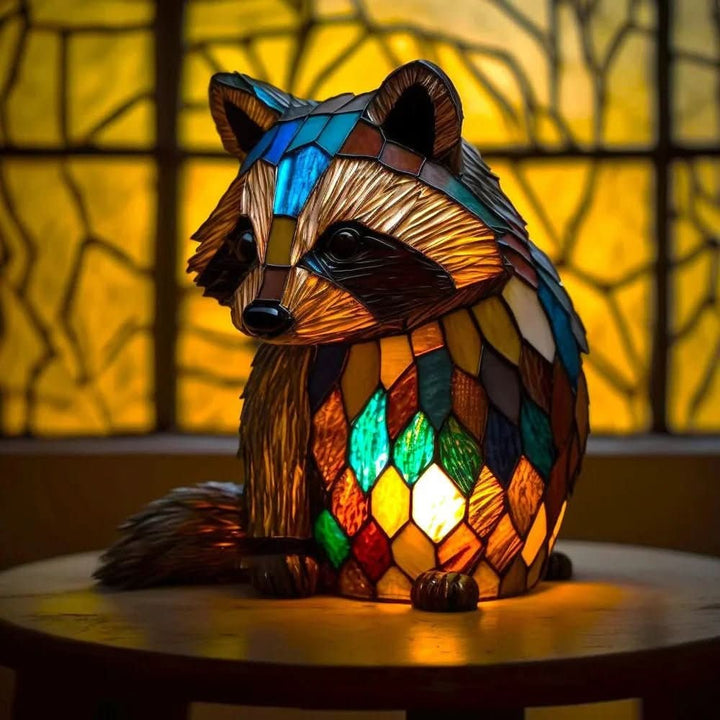 Stained glass animal table lamp glowing amber and green - product photo 5