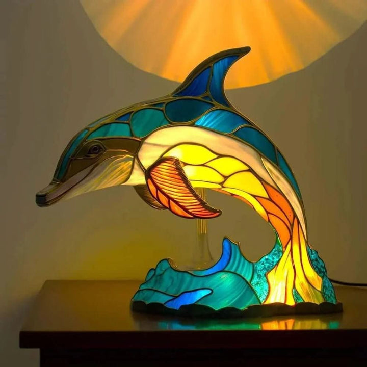 Stained glass animal table lamp glowing amber and green - product photo 6