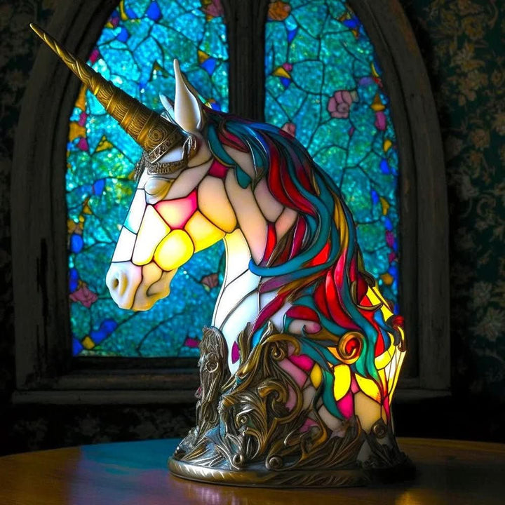Stained glass animal table lamp glowing amber and green - product photo 8