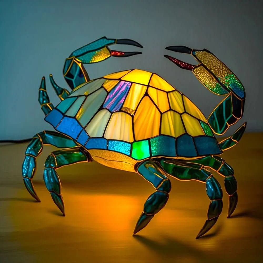 Stained glass animal table lamp glowing amber and green - product photo 9