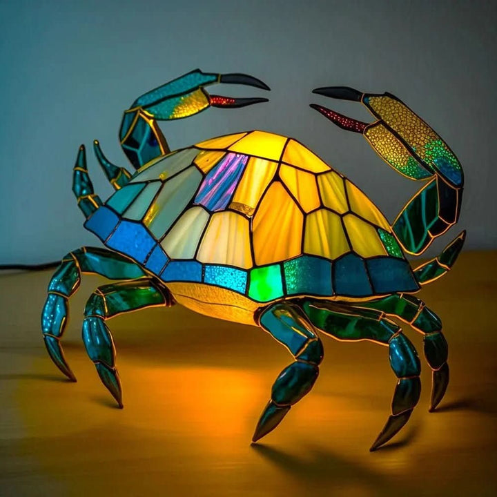 Stained glass animal table lamp glowing amber and green - product photo 9