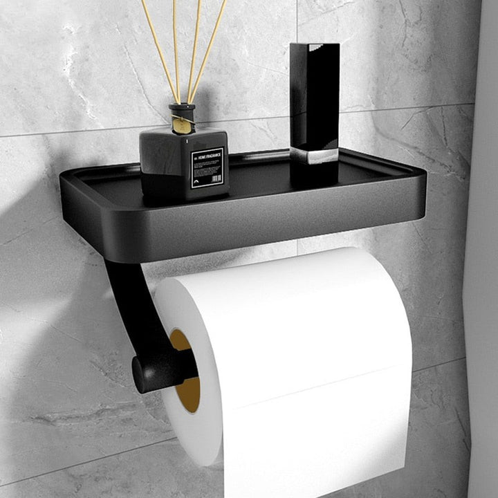 Stainless steel toilet roll holder with a storage shelf - product photo 1