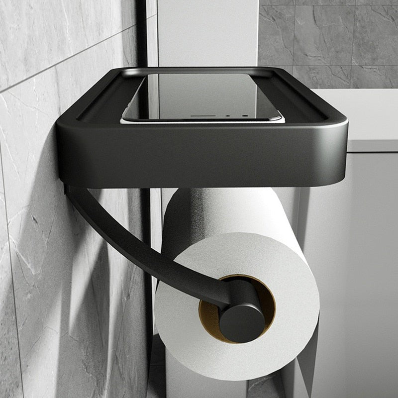 Stainless steel toilet roll holder with a storage shelf - product photo 3