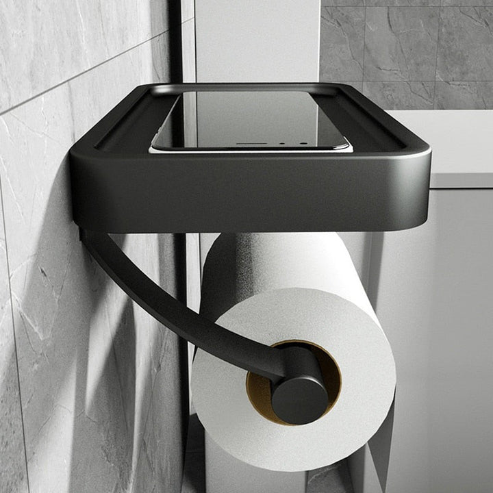 Stainless steel toilet roll holder with a storage shelf - product photo 3