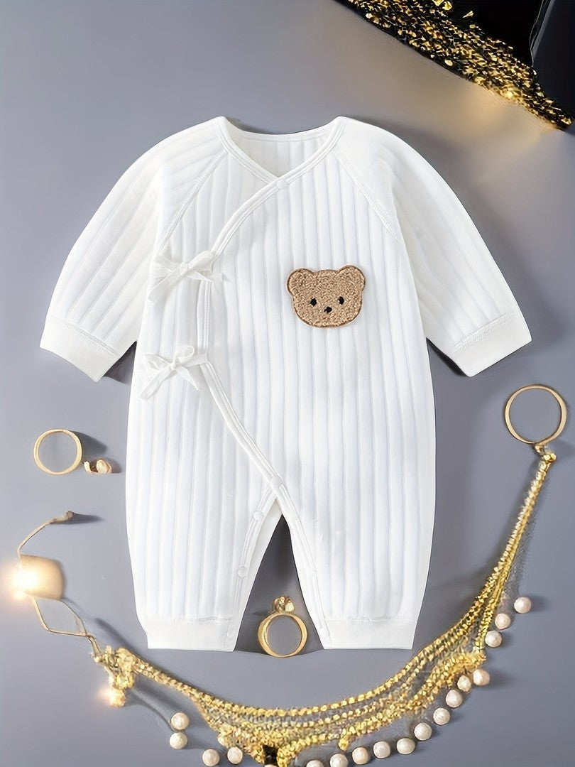 Striped cotton baby romper with a bear patch - product photo 1
