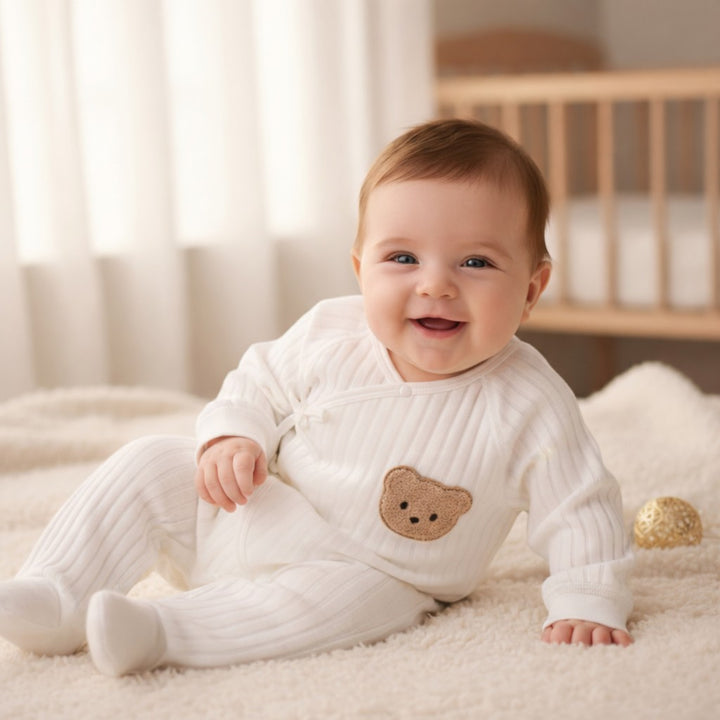Striped cotton baby romper with a bear patch - product photo 2