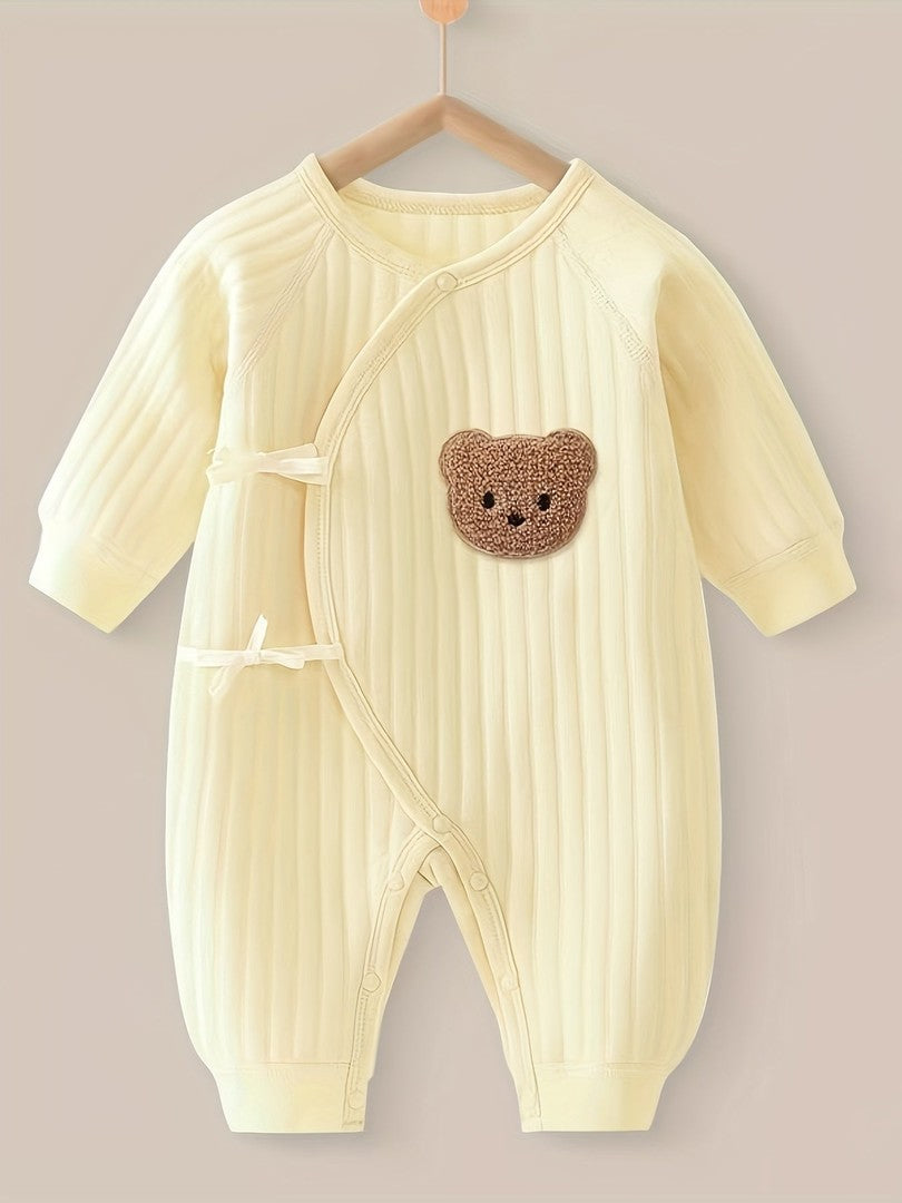 Striped cotton baby romper with a bear patch - product photo 3