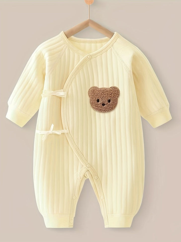 Striped cotton baby romper with a bear patch - product photo 3