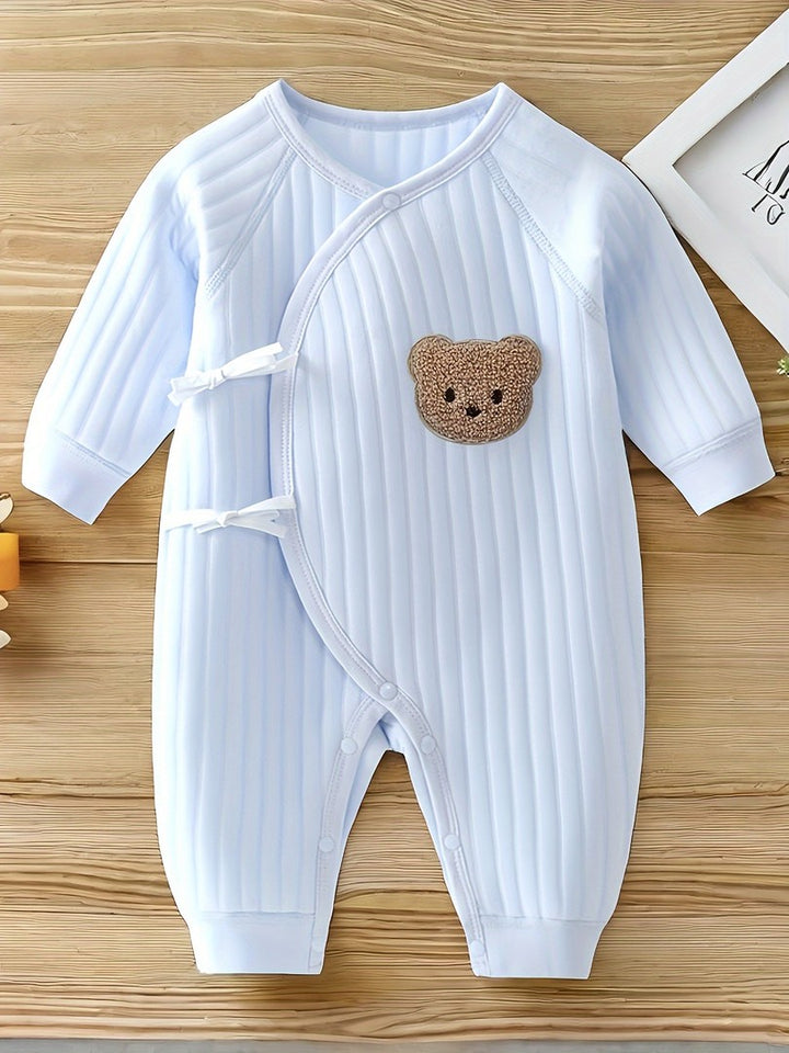 Striped cotton baby romper with a bear patch - product photo 4