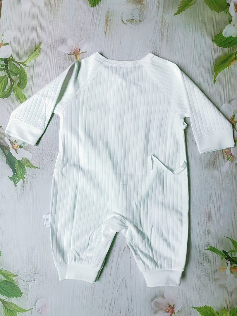 Striped cotton baby romper with a bear patch - product photo 7