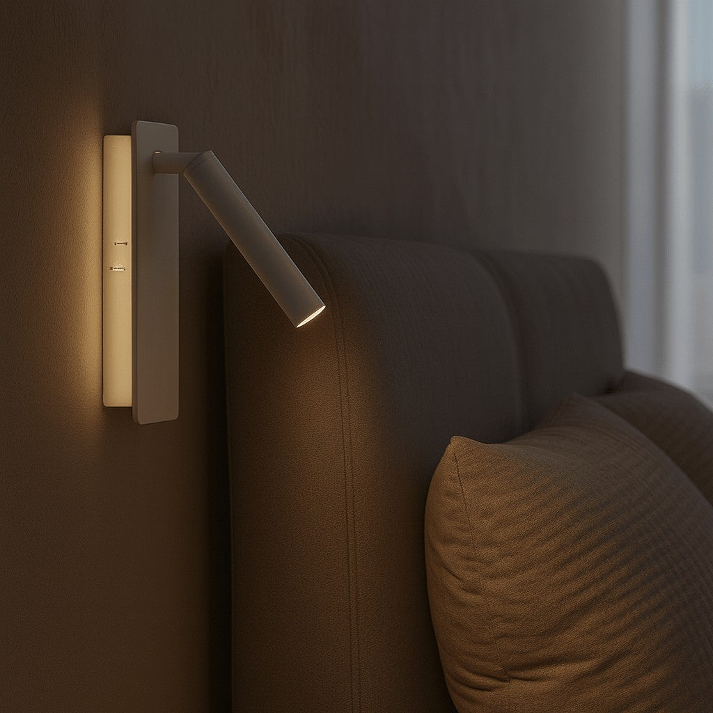 Swivel LED bedside reading light aimed at a book - product photo 1