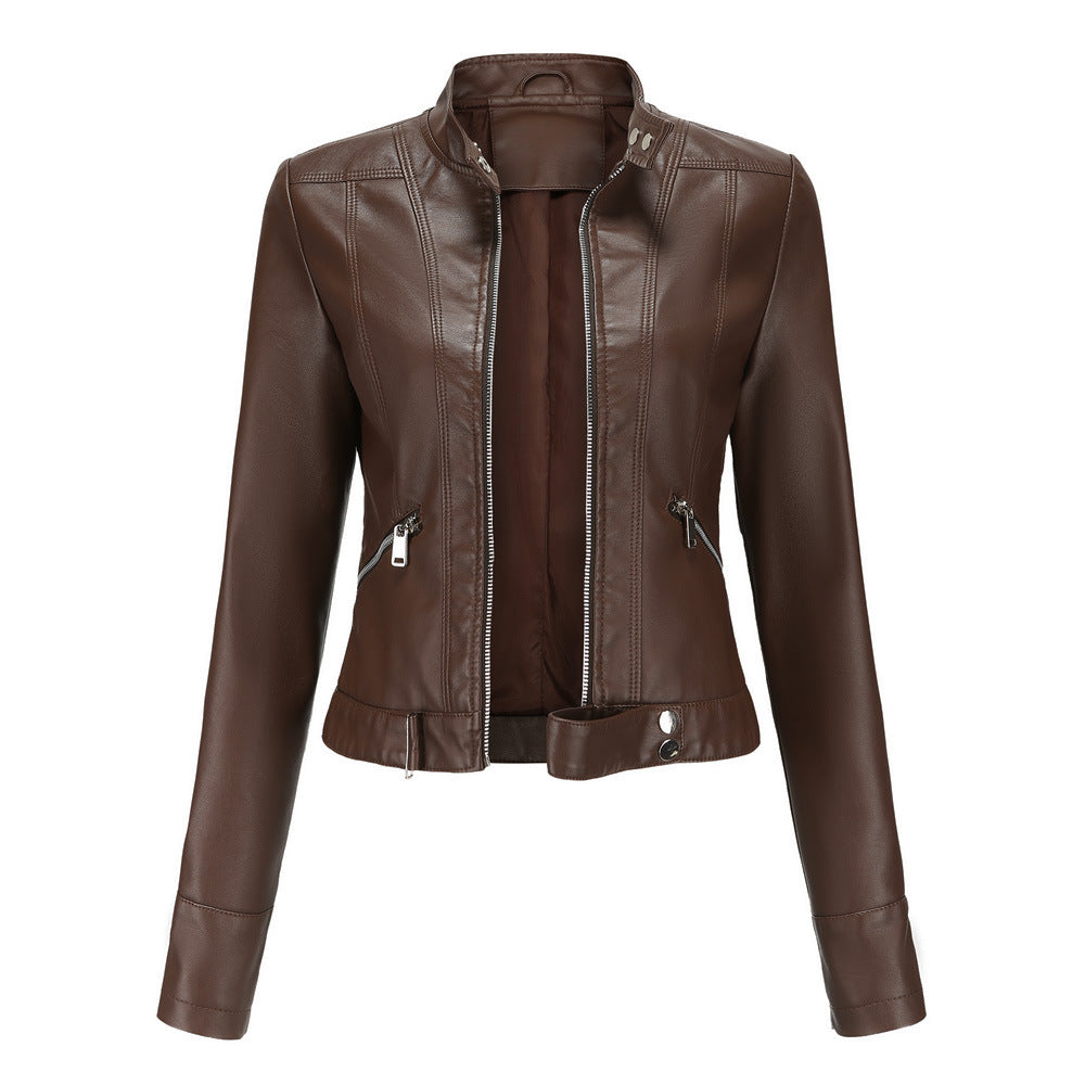 NATALIE | Women’s Structured Leather Jacket With High Collar, Zip Front And Adjustable Belt