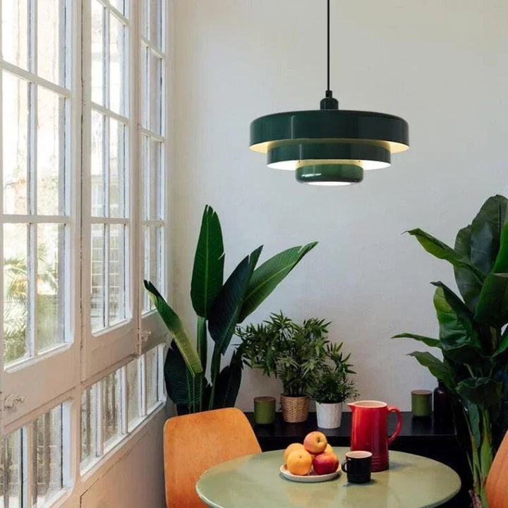Three-tier pendant light with soft pastel shades over a table - product photo 2